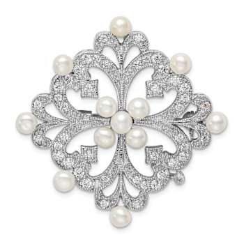 Rhodium Over Sterling Silver Freshwater Cultured Pearl and Cubic
Zirconia Pin