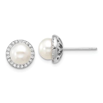 Rhodium Over Sterling Silver Freshwater Cultured Pearl and Cubic
Zirconia Post Earrings