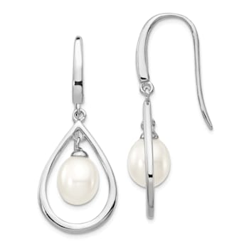 Rhodium Over Sterling Silver 6-7mm White Freshwater Cultured Pearl
Dangle Earrings