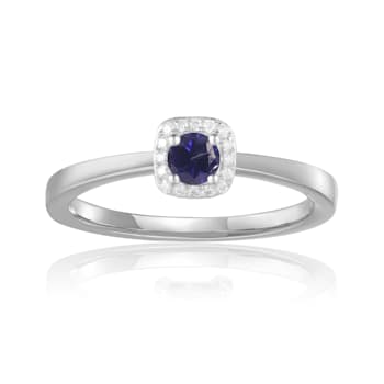 Rhodium Over Sterling Silver Round Blue Sapphire and Moissanite Halo Ring