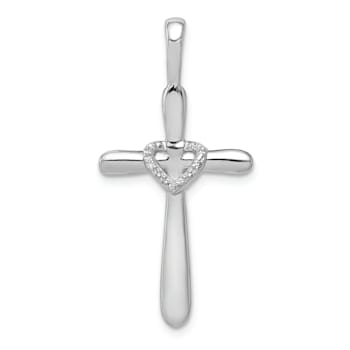 Rhodium Over 14K White Gold 1/10ct. Diamond Cross with Heart Pendant 0.009ctw