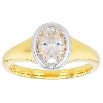 Two-Tone Bezel Set Oval Moissanite Solitaire Ring In 14k Gold Over Silver