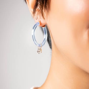 14K Yellow Gold Over Sterling Silver Acrylic Mini Flower Charm Hoop
Earrings in Blue