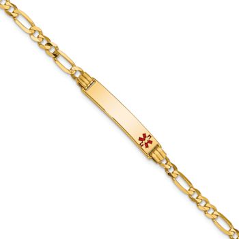 14k Yellow Gold Medical Red Enamel Figaro Link ID Bracelet