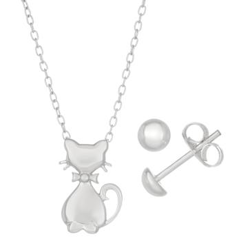 Rhodium Over Brass Cat Necklace and Stud Earring Set