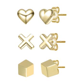 Heart And Cross Three-Piece Stud Earrings Set In 14K Gold Over Sterling Silver