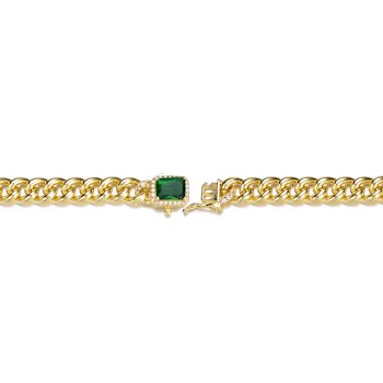Green CZ Halo Cluster Curb Chain Bracelet In 14K Gold Over Brass
