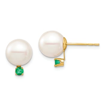 14K Yellow Gold 8-8.5mm White Round Freshwater Cultured Pearl Emerald
Post Earrings