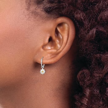 Rhodium Over Sterling Silver Enamel Daisy Children's Round Hoop Earrings