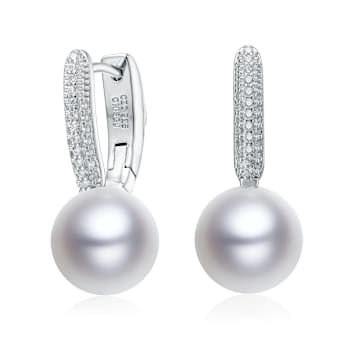 Pear Shape CZ And Pearl Simulant Drop Earrings In Sterling Silver