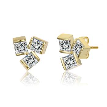 CZ Three-Stone Stud Earrings In 14K Gold Over Brass
