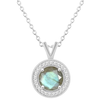7mm Round Labradorite 1/8 ctw Diamond Rhodium Over Sterling Silver Halo
Pendant with Chain