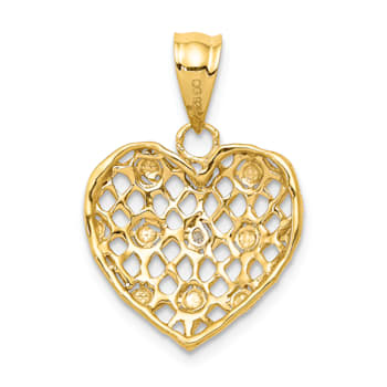 14k Yellow Gold and Rhodium Over 14k Yellow Gold Textured Diamond Heart Pendant