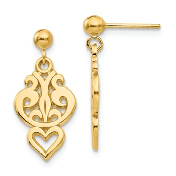 14k Yellow Gold Polished Filigree Fancy Heart Dangle Earrings