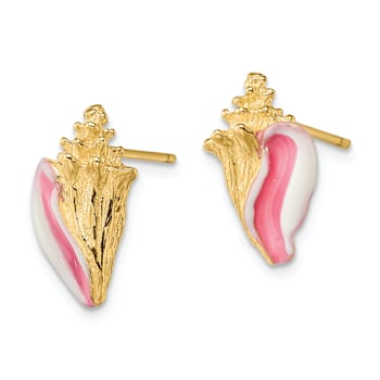 14k Yellow Gold Textured White and Pink Enamel Conch Shell Stud Earrings
