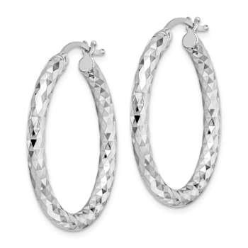 Rhodium Over Sterling Silver 3.00mm Diamond-cut Hoop Earrings