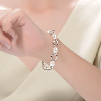 Freshwater Pearl And CZ Station Link Bracelet In Sterling Silver