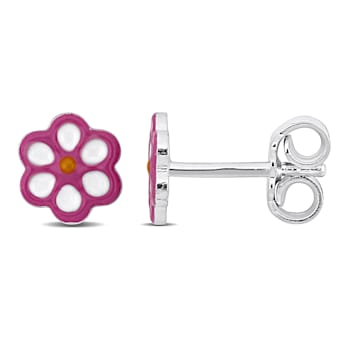 Children's Pink Enamel Flower Stud Earrings in Sterling Silver