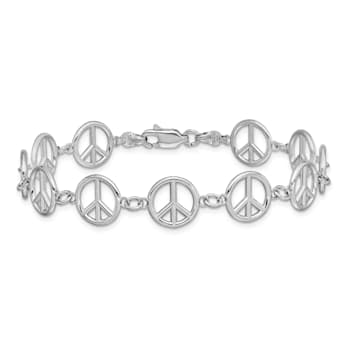 Rhodium Over 14k White Gold Polished Peace Sign Bracelet