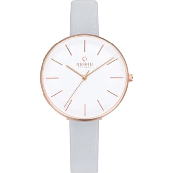 Obaku Women's Viol White Dial with Rose Accents Gray Leather Strap Watch