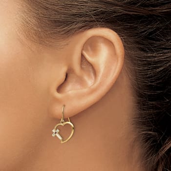 14k Yellow Gold with Enamel Cross Heart Dangle Earrings