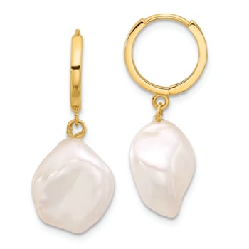 14K Yellow Gold 11-12mm Keshi White Freshwater Cultured Pearl Dangle
Hoop Earrings