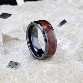 BENNY Black Ceramic Polished Beveled Edges Men’s Wedding Band with
Bubinga Wood Inlay 8mm