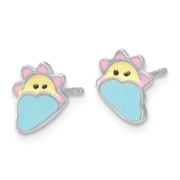 Rhodium Over Sterling Silver Children's Enamel Sun and Cloud Earrings
