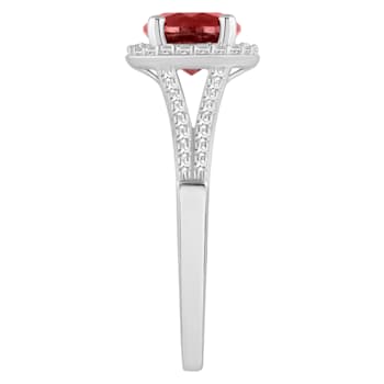 7mm Round Garnet 1/4 ctw Diamond Rhodium Over Sterling Silver Halo Ring