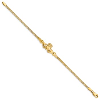 14k Yellow Gold Polished and Textured Claddagh Bracelet