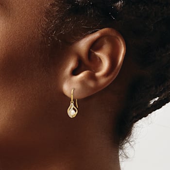14K Yellow Gold White Freshwater Cultured Pearl and Cubic Zirconia Cage
Dangle Earrings