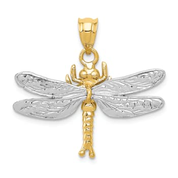 14k Two-tone Gold Textured Dragonfly Pendant