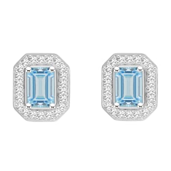 6x4mm Emerald Cut Aquamarine 1/5 ctw Diamond Rhodium Over Sterling
Silver Halo Stud Earrings
