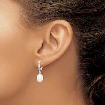 Rhodium Over Sterling Silver White 7-8mm Freshwater Cultured Pearl and
CZ Leverback Earrings