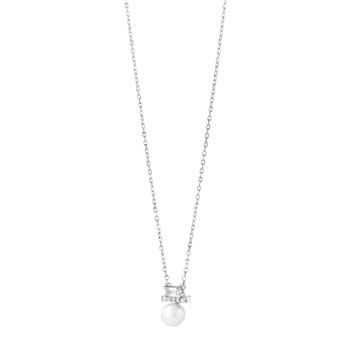 7-7.5mm Button White Freshwater Pearl and White Sapphire Sterling Silver Necklace