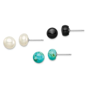 Sterling Silver 8-8.5mm Button Freshwater Cultured
Pearl/Stab.Turquise/Black Agate Set