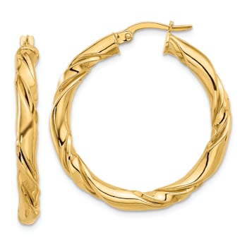 14k Yellow Gold Polished Twisted 1 5/16" Hoop Earrings