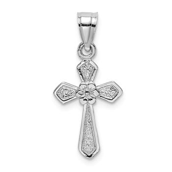 Rhodium Over 14k White Gold Textured Small Cross with Flower Pendant