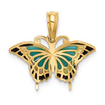 14k Yellow Gold Small Aqua Enamel Wings Butterfly Pendant