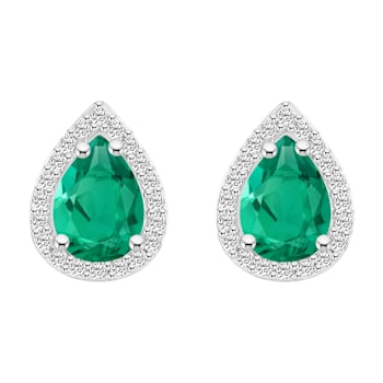 7x5mm Pear Shape Created Emerald And Created White Sapphire 10k White
Gold Halo Stud Earrings