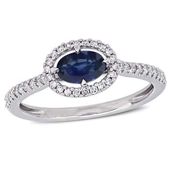 Blue Sapphire and Diamond 14K White Gold Halo Ring 0.78ctw
