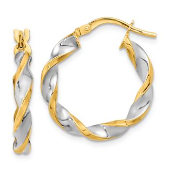 14k Two-tone 7/8" Polished and Twist Hoop Earrings