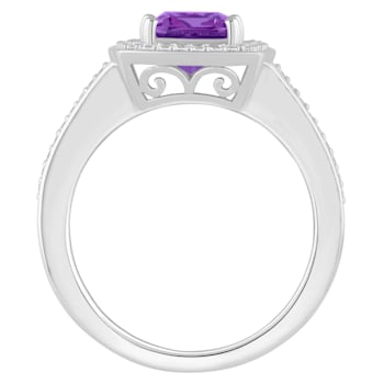 7mm Cushion Amethyst 1/4 ctw Diamond Rhodium Over Sterling Silver Halo Ring