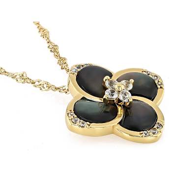 Black Mother-Of-Pearl And White Zircon Clover Pendant Necklace In 18K
Gold Over Sterling Silver 0.16ctw