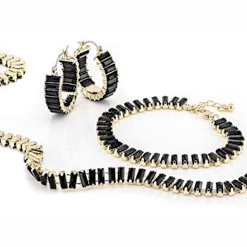 Black Crystal Tennis Necklace, Bracelet And Earring Set In Gold Tone