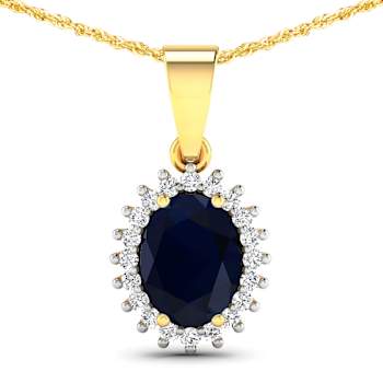 1.30ctw 14K Yellow Gold Blue Sapphire and White Diamond Pendant with 18
inch Cable Chain