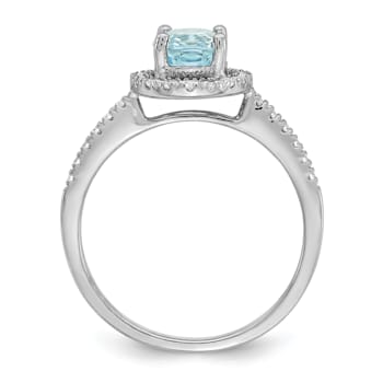 Rhodium Over 14K White Gold Aquamarine Diamond Halo Engagement Ring