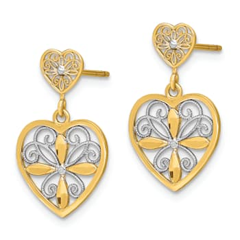 14K Two-tone Gold Flower and Heart Beaded Filigree Dangle Earrings