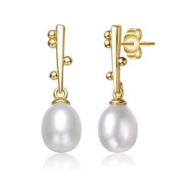 Linear Pearl And CZ Drop Earrings In 14K Gold Over Sterling Silver