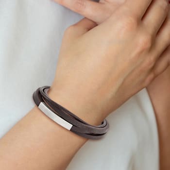 Brown Faux Leather and Stainless Steel Brushed Brown Multi-Strand with
0.5-inch Extension Bracelet